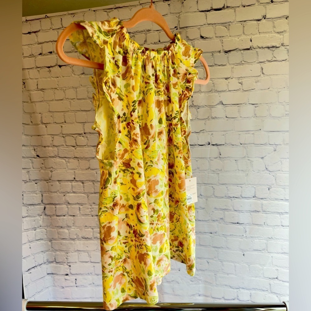 Lauren Conrad Floral Yellow Gold Ruffle Sleeve Tank Top Size Medium NWT